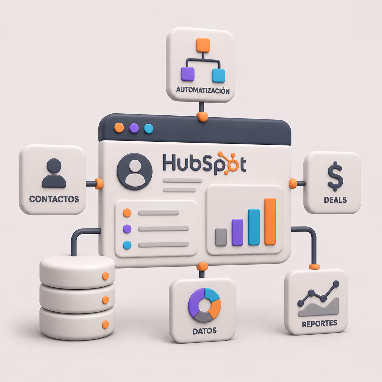 Ilustración 3D de un CRM: fichas de contacto, embudo comercial y paneles de datos conectados