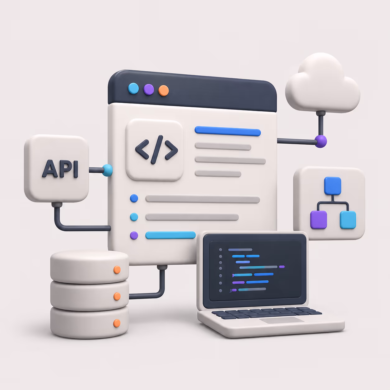 Ilustración 3D de desarrollo a medida: pantallas de código, APIs y una base de datos en la nube